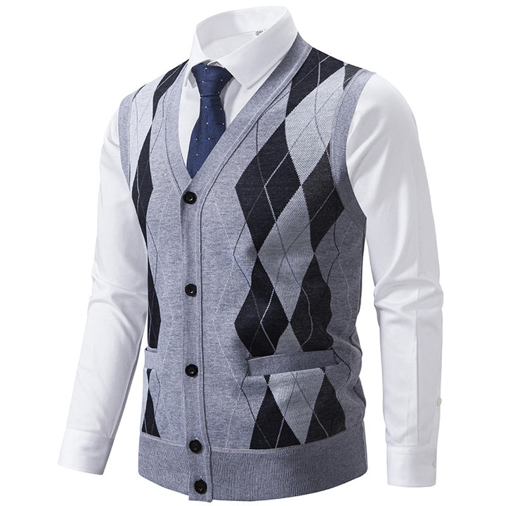 Herren elegante Strickweste mit klassischem Rautenmuster und praktischen Taschen Aliams