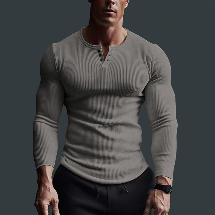 Herren eng anliegendes Langarmshirt mit Rippstruktur und Knopfleiste Aliams