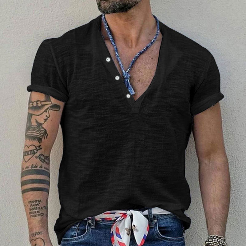 Herren Kurzarm Henley-Shirt mit dekorativen Knöpfen und atmungsaktiver Struktur Aliams