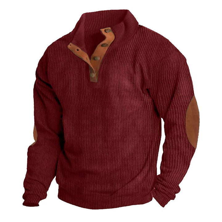 Herren hochwertiger Pullover mit Knopfleiste und modischen Lederapplikationen Aliams
