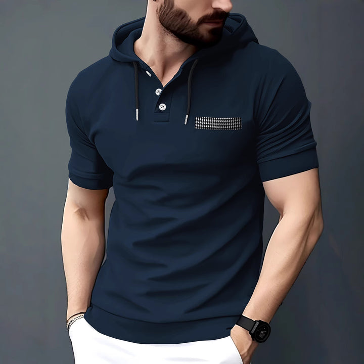 Stylisches Herren Polo mit kurzem Arm und Kapuze mit Kontrasttasche Aliams