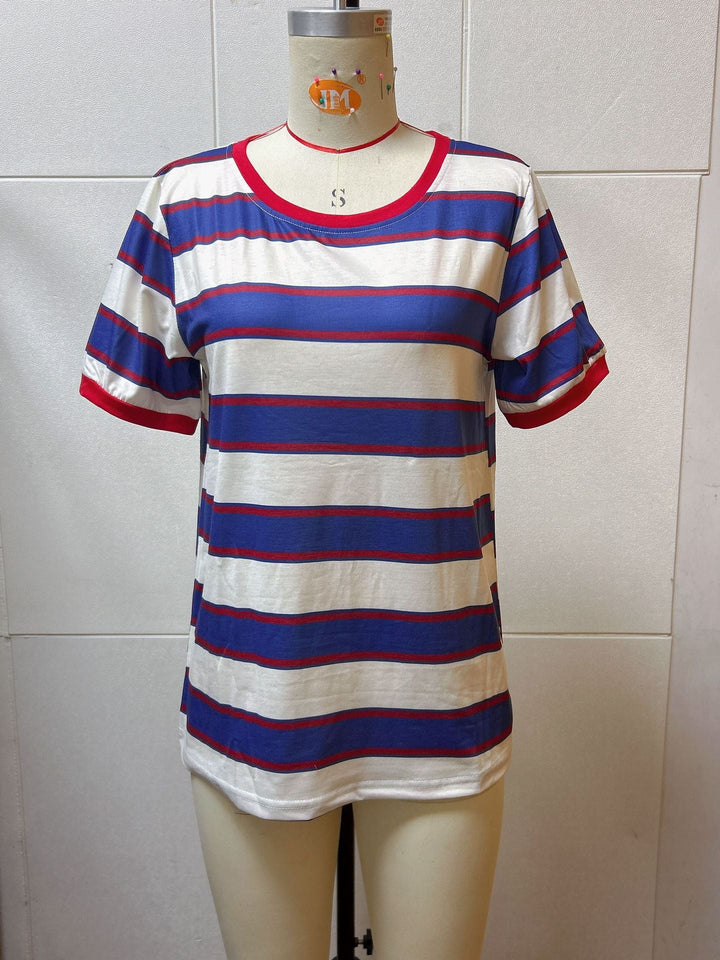 Damen Lässiges Streifen T-Shirt mit Kurzarm und Rundhalsausschnitt Aliams