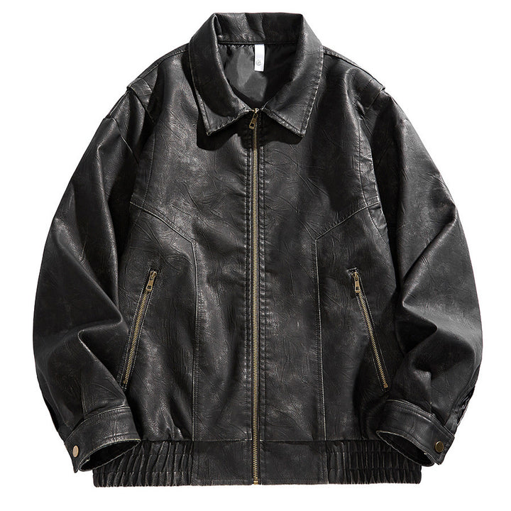 Herren kurz geschnittene Lederjacke mit elastischem Bund und Taschen Aliams