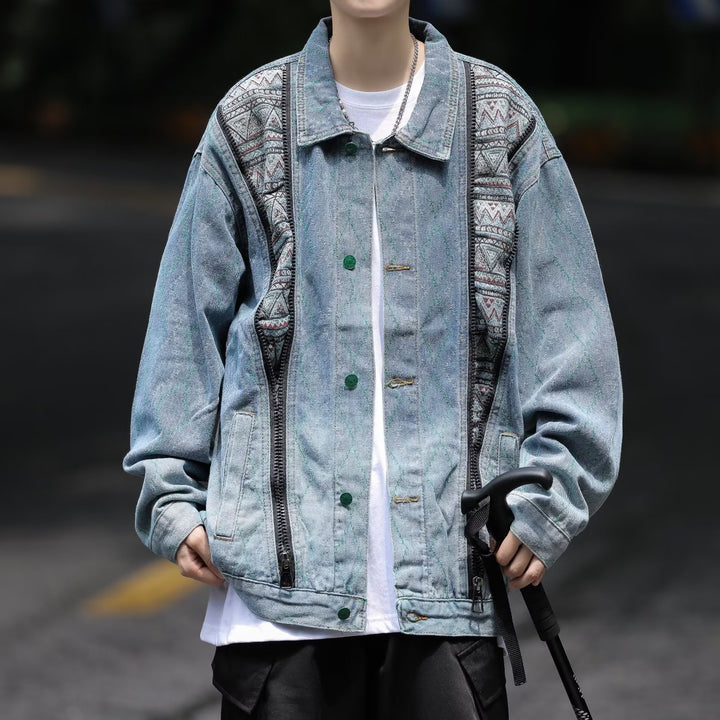 Herren Denim-Jacke mit buntem Ethno-Design und praktischen Reisverschlüssen Aliams
