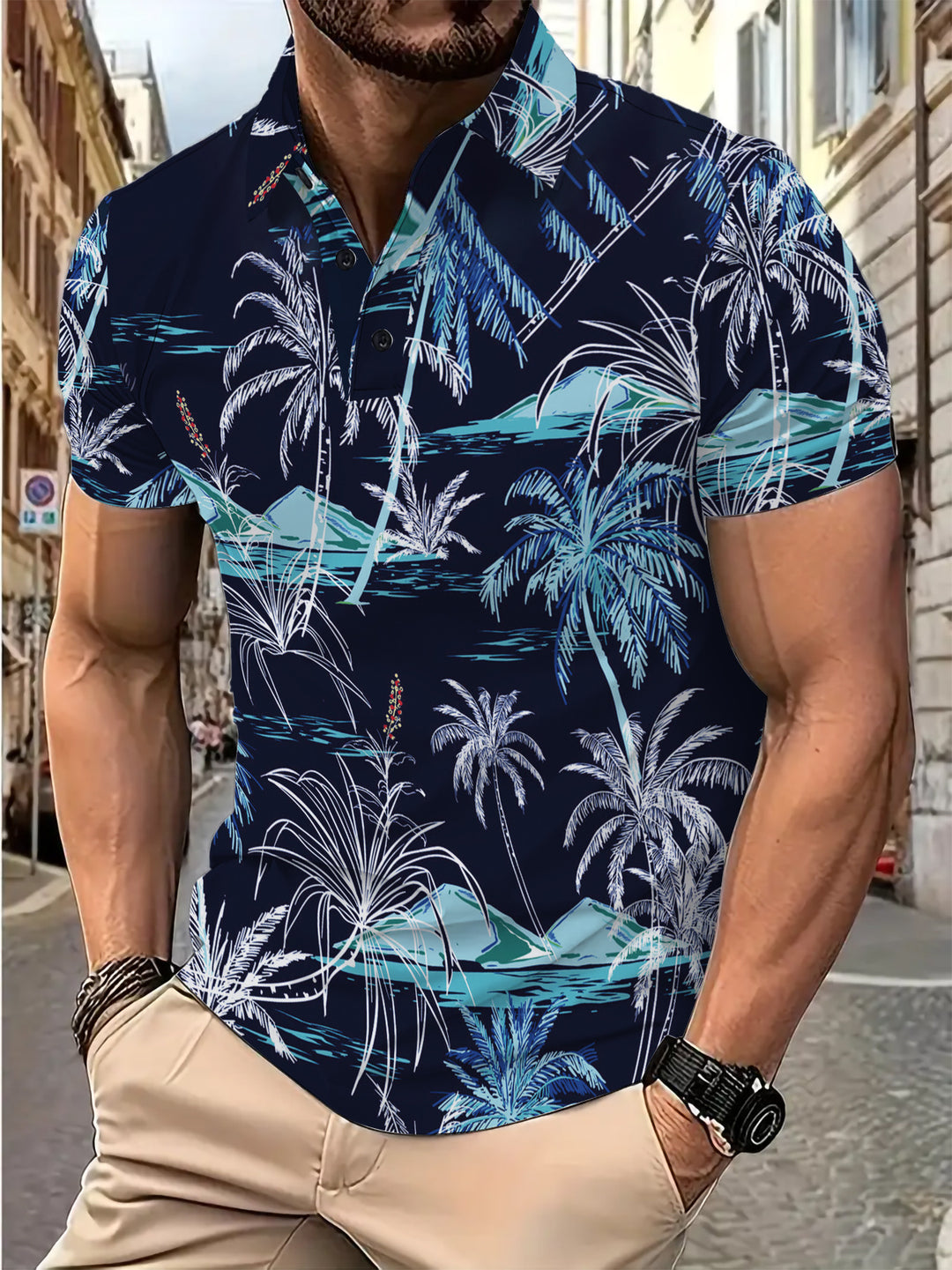 Herren Poloshirt mit tropischem Palmenmuster und atmungsaktiver Baumwollqualität Aliams
