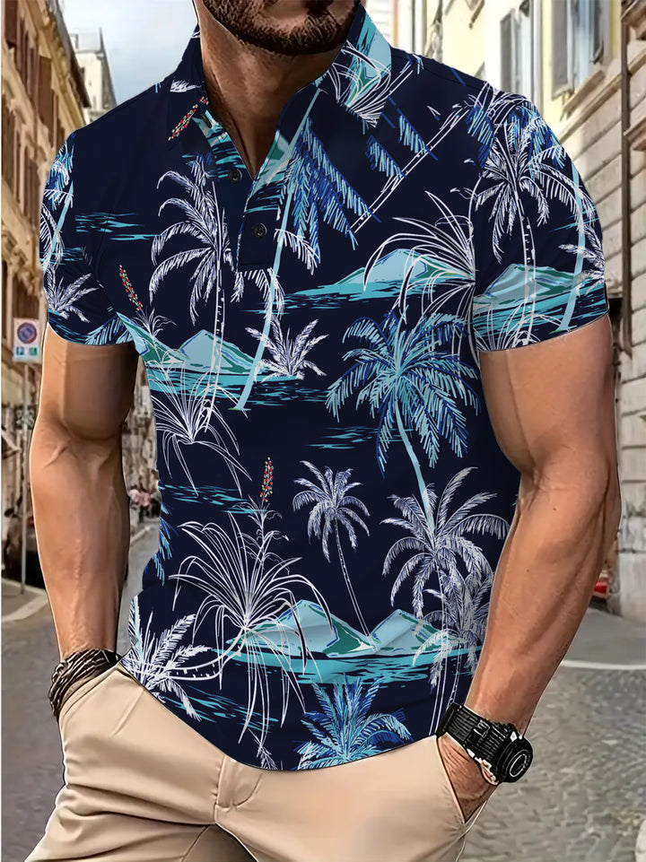 Herren Poloshirt mit tropischem Palmenmuster und atmungsaktiver Baumwollqualität Aliams