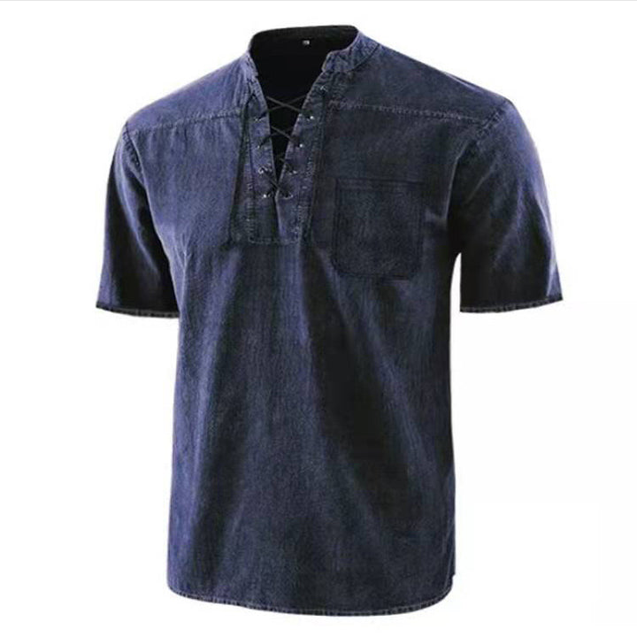 Herren Kurzarm Hemd mit modernem Schnürdesign und Brusttasche Aliams