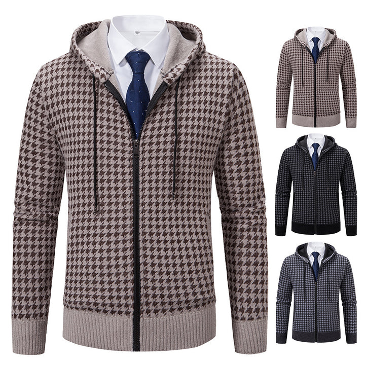 Herren gemütlicher Strickpullover mit modernem Karomuster und Kapuze Aliams