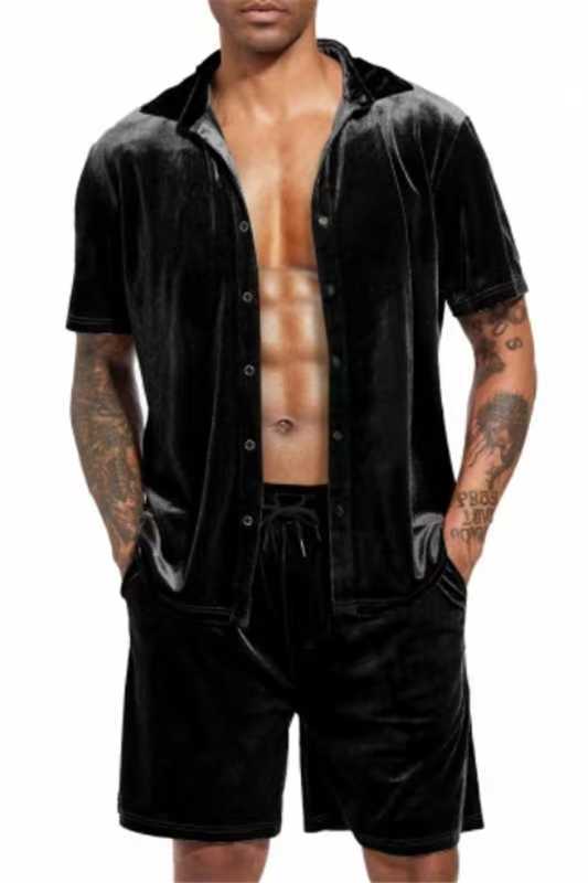 Herren Kurzarm-Hemd und Shorts-Set aus luxuriösem Samt Aliams