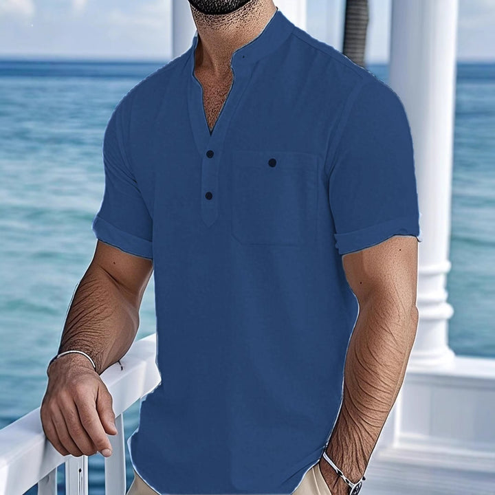 Herren Kurzarm-Hemd mit modernem Stehkragen und praktischer Brusttasche Aliams
