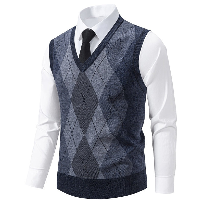 Herren V-Ausschnitt Strickpullover mit elegantem Rautenmuster Aliams