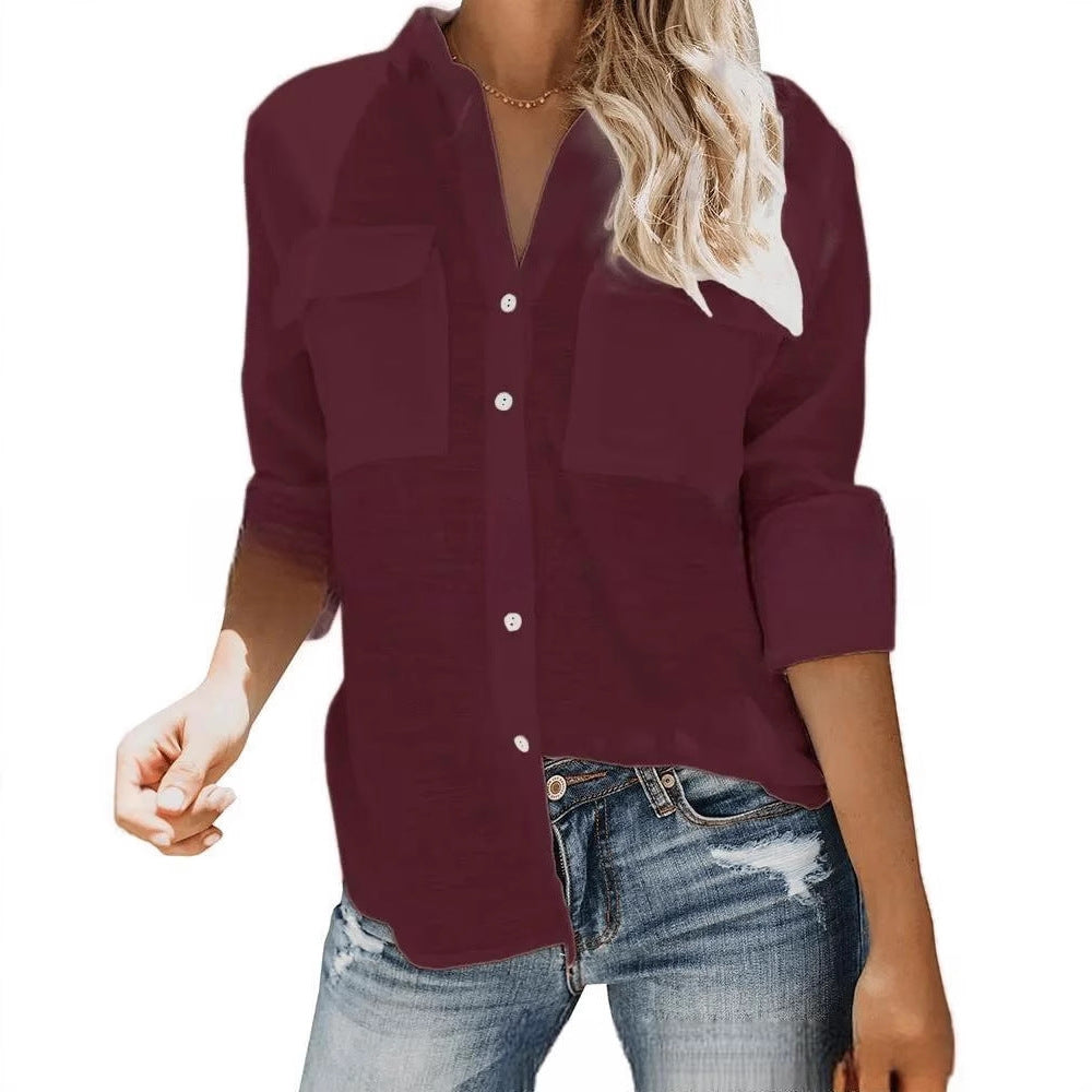 Damen leichte Sommerbluse mit zwei Brusttaschen und aufgerollten Ärmeln Aliams