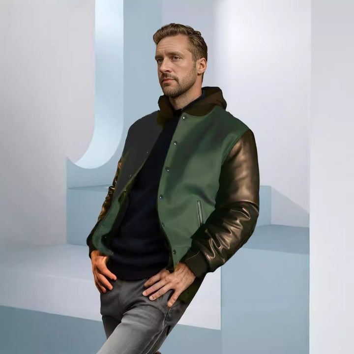 Herren stylische Collegejacke mit Lederärmeln Aliams