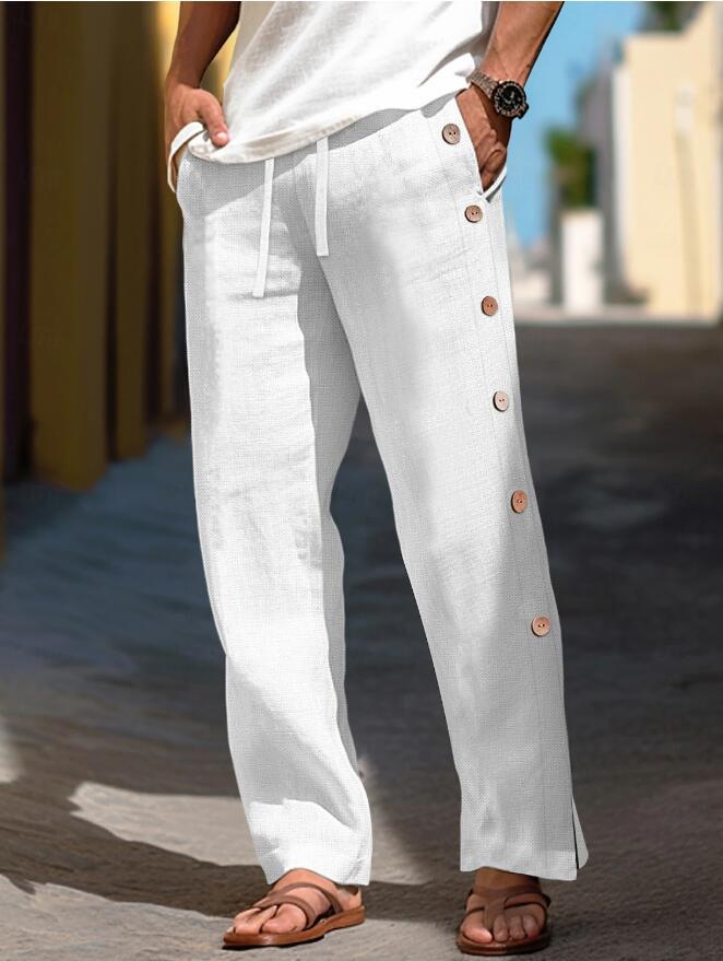Herren Leinenhose mit seitlichen Knopfdetails und lockerer Passform Aliams