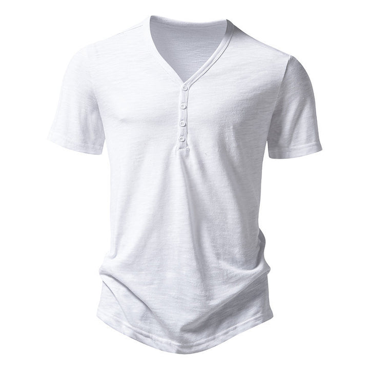 Herren Kurzarm-Henley-Shirt mit V-Ausschnitt und Knopfleiste Aliams