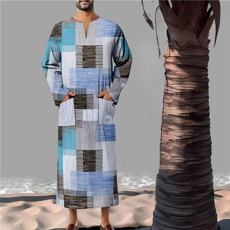 Herren Baumwoll-Kaftan mit modernem geometrischem Muster und praktischen Taschen Aliams