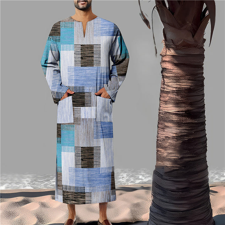 Herren Baumwoll-Kaftan mit modernem geometrischem Muster und praktischen Taschen Aliams