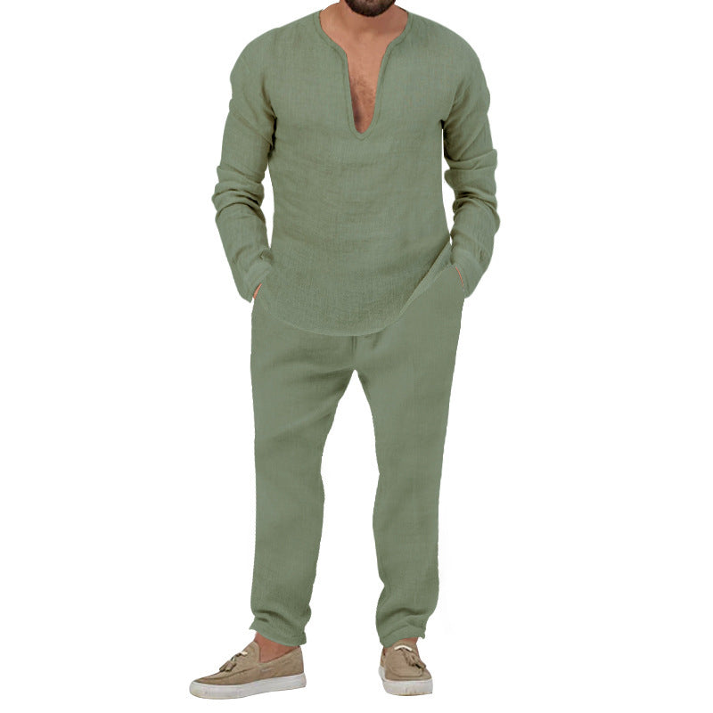 Herren Elegantes Leinen-Loungewear-Set mit Stehkragen Aliams