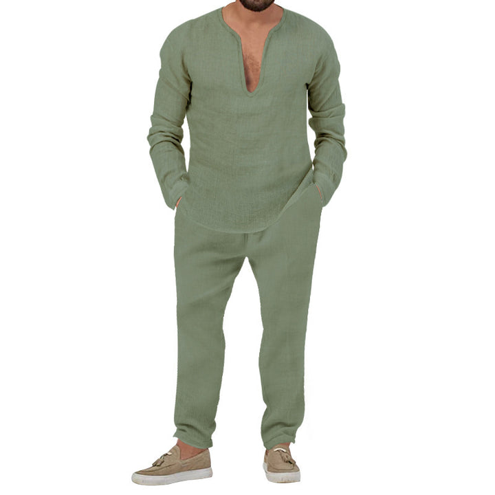 Herren Elegantes Leinen-Loungewear-Set mit Stehkragen Aliams