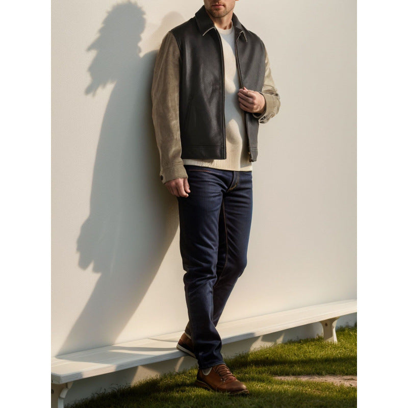 Herren Stilvolle Lederjacke mit Kontrastärmeln Aliams