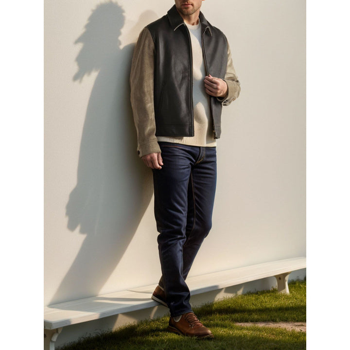 Herren Stilvolle Lederjacke mit Kontrastärmeln Aliams
