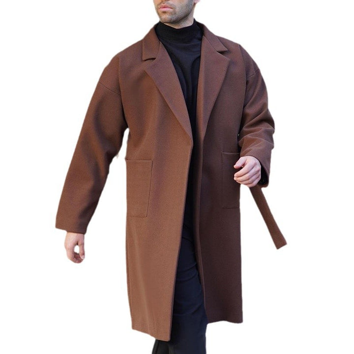 Herren eleganter Wollmantel mit Gürtel und tiefem Kragen Aliams