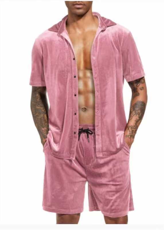 Herren Kurzarm-Hemd und Shorts-Set aus luxuriösem Samt Aliams