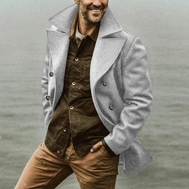 Herren eleganter, klassischer Wollmantel mit doppelter Knopfleiste und hohem Kragen Aliams