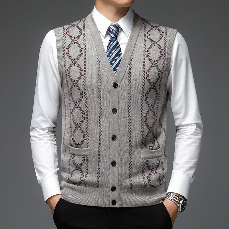 Herren elegante Strickweste mit Rautenmuster und Schalkragen Aliams