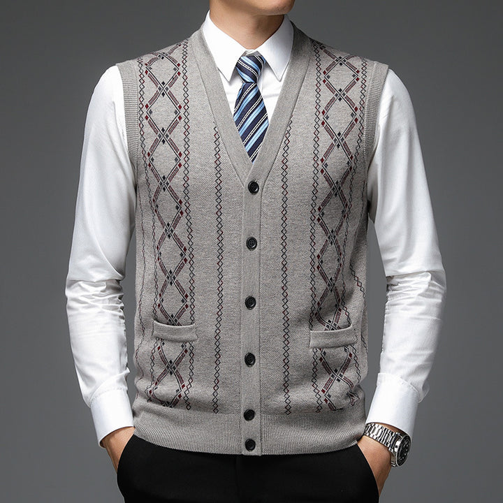 Herren elegante Strickweste mit Rautenmuster und Schalkragen Aliams