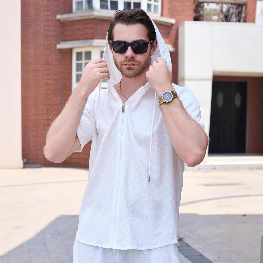 Herren Atmungsaktives Hoodie-Shirt mit kurzem Arm und durchgehendem Reißverschluss Aliams