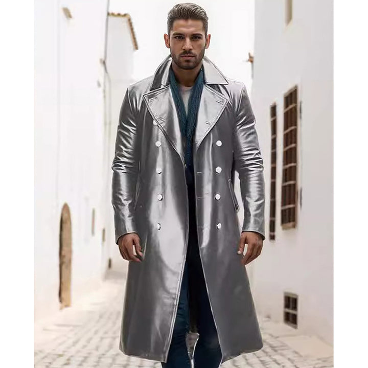 Herren Eleganter, glänzender Trenchcoat mit abnehmbarem Kragen Aliams