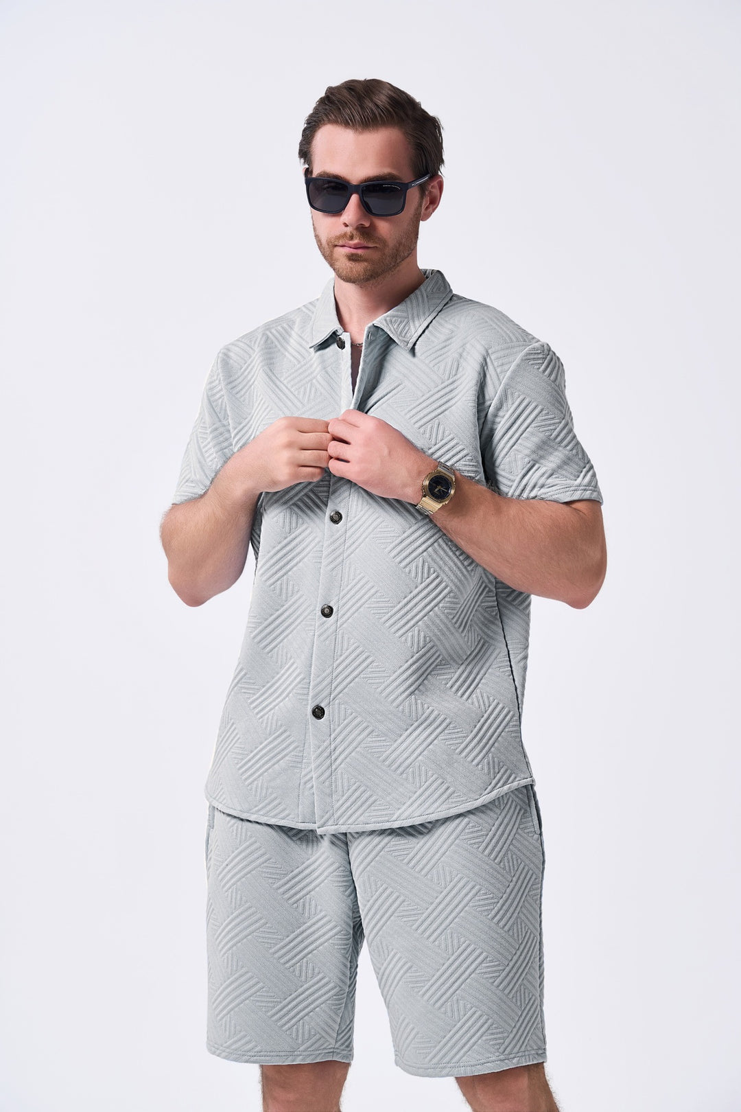 Herren Freizeit Kurzarmhemd und Shorts Set mit strukturiertem Muster Aliams