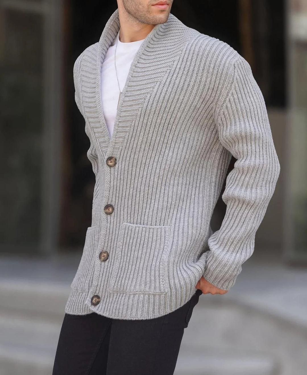 Herren Grob gestrickte Cardigan mit breitem Rippenmuster und praktischen Taschen Aliams