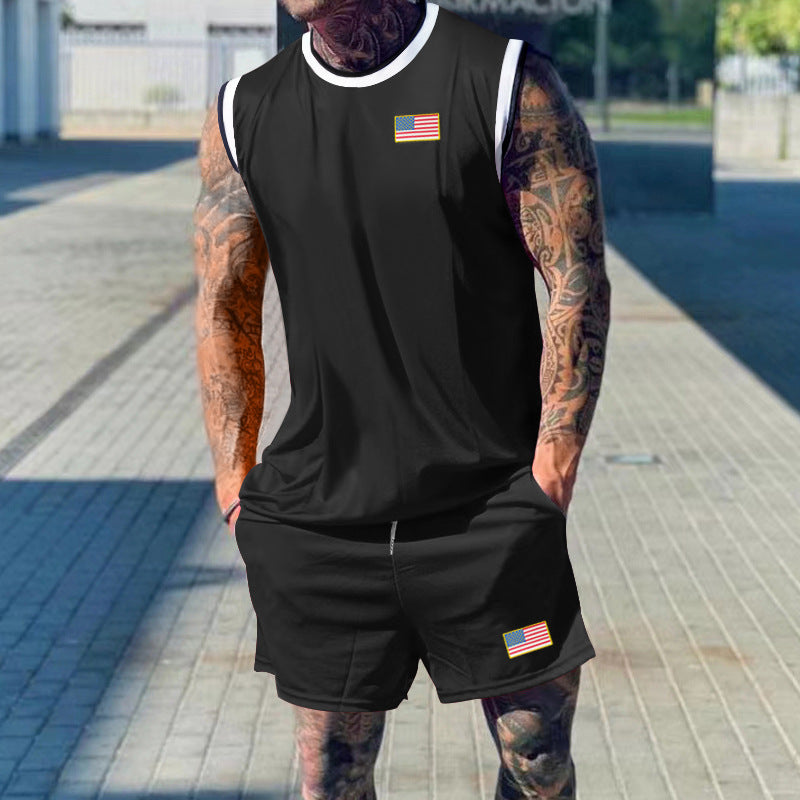 Herren sportliches Tanktop und Shorts-Set mit dekorativem Flaggenmotiv Aliams