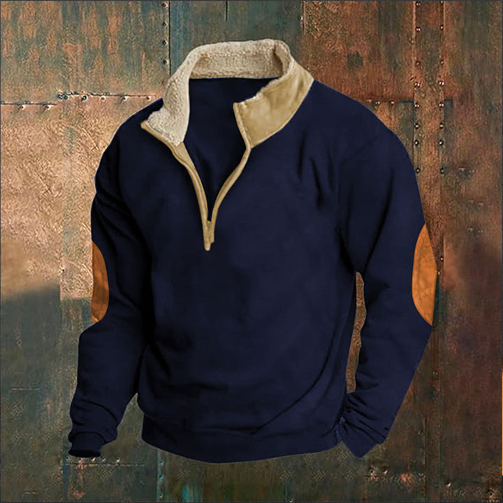 Herren Fleece-Pullover mit hohem Kragen und robusten Lederapplikationen Aliams