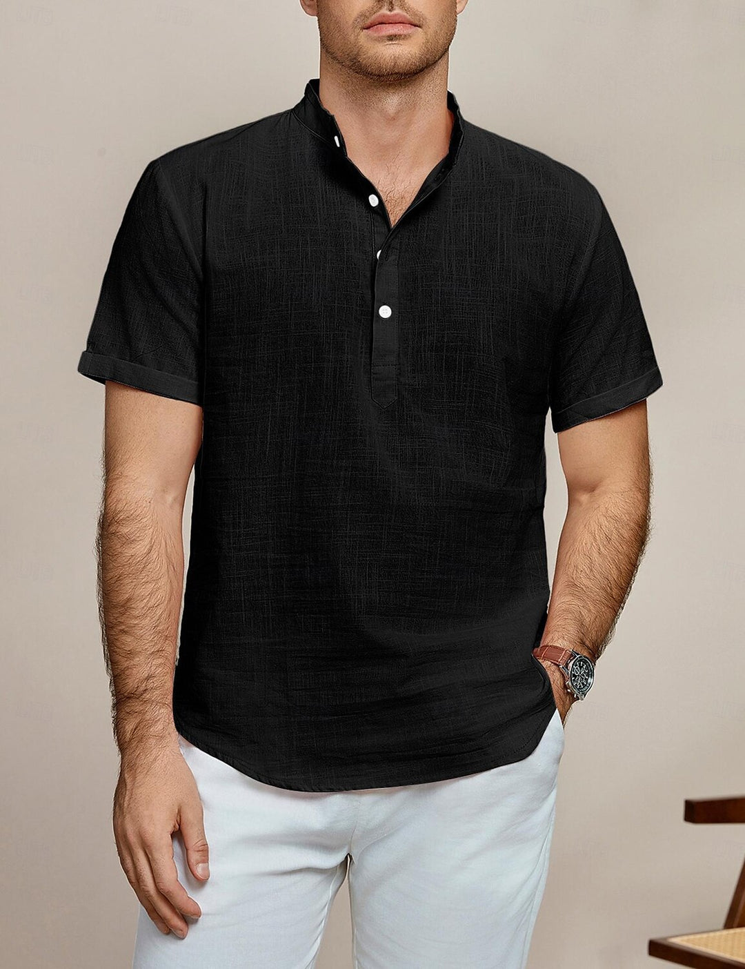 Herren Kurzarm Leinenhemd mit Stehkragen Aliams