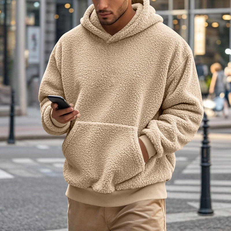 Herren Hoodie aus kuscheligem Teddy-Fleece mit Kängurutasche und breiten Bündchen Aliams