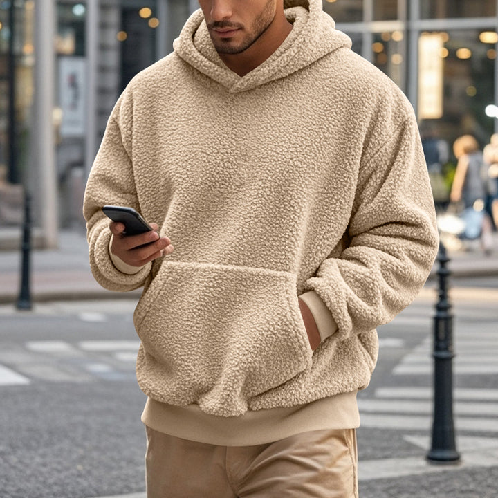 Herren Hoodie aus kuscheligem Teddy-Fleece mit Kängurutasche und breiten Bündchen Aliams