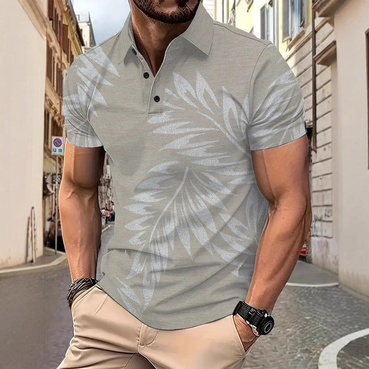 Herren Poloshirt mit tropischem Blattmuster und atmungsaktivem Stoff Aliams