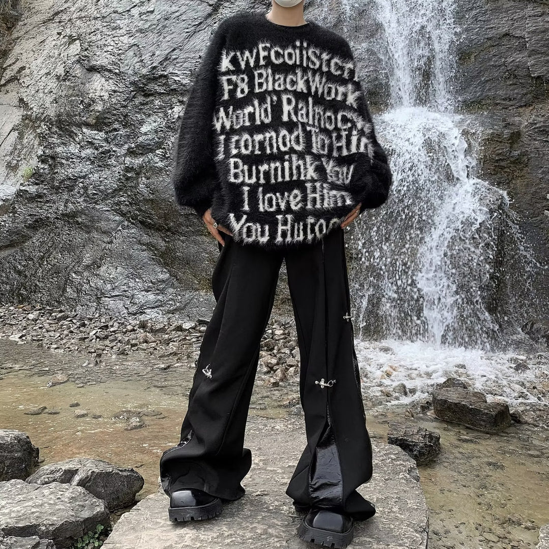 Unisex Oversized Strickpullover mit kreativem Schriftzug und gemütlichem Schnitt Aliams
