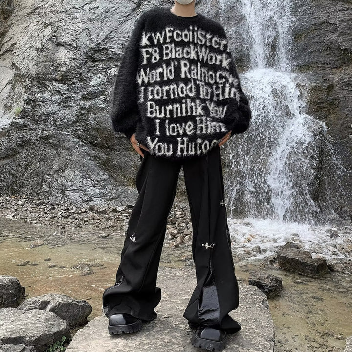 Unisex Oversized Strickpullover mit kreativem Schriftzug und gemütlichem Schnitt Aliams