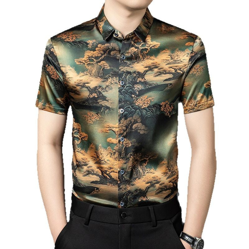 Herren Kurzarmhemd im modernen asiatischen Stil mit kunstvollem Druck Aliams
