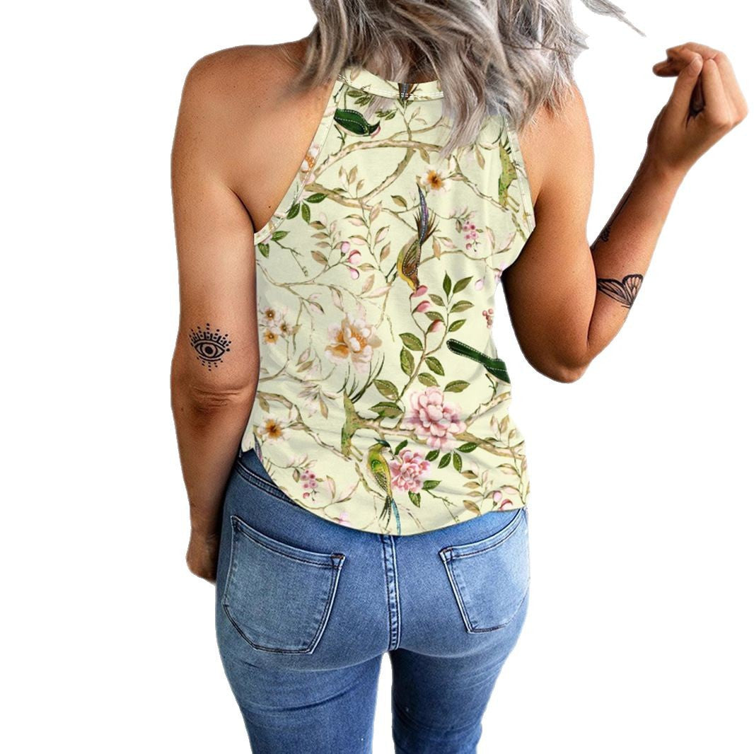 Damen Ärmelloses Blumenshirt mit Hohem Kragen Aliams