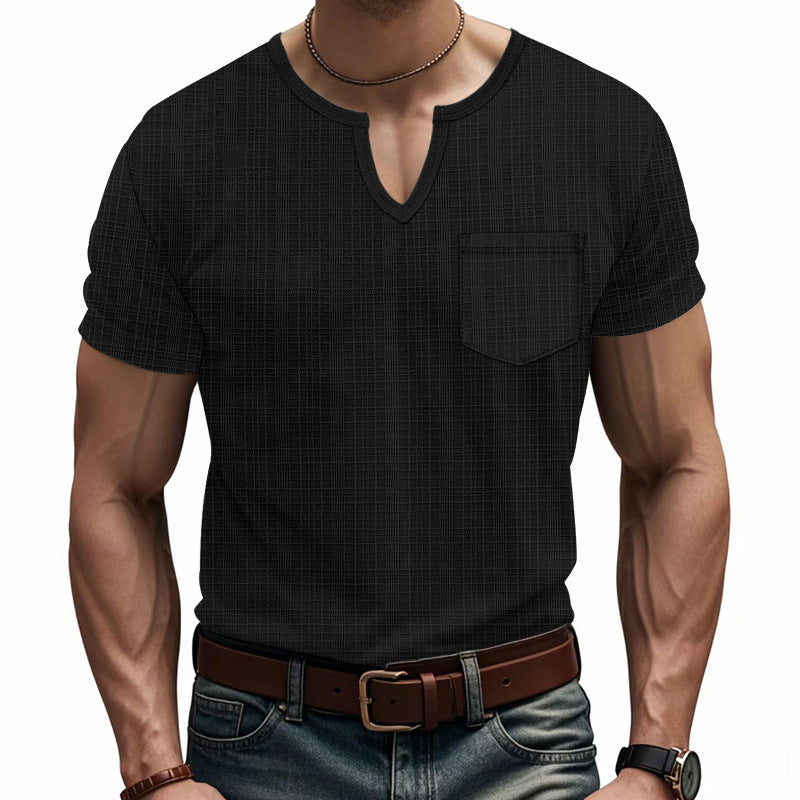 Herren Kurzarm-Henley-T-Shirt mit modernem V-Ausschnitt und praktischer Brusttasche Aliams