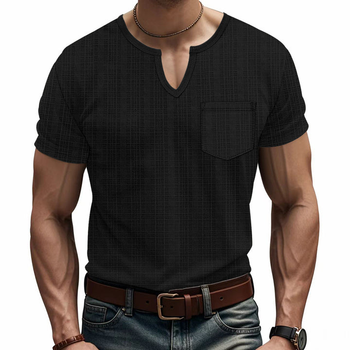 Herren Kurzarm-Henley-T-Shirt mit modernem V-Ausschnitt und praktischer Brusttasche Aliams