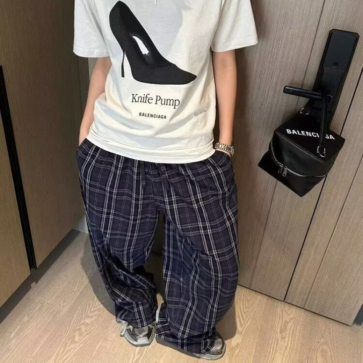 Damen bequeme Karohose mit elastischem Bund und weitem Bein Aliams