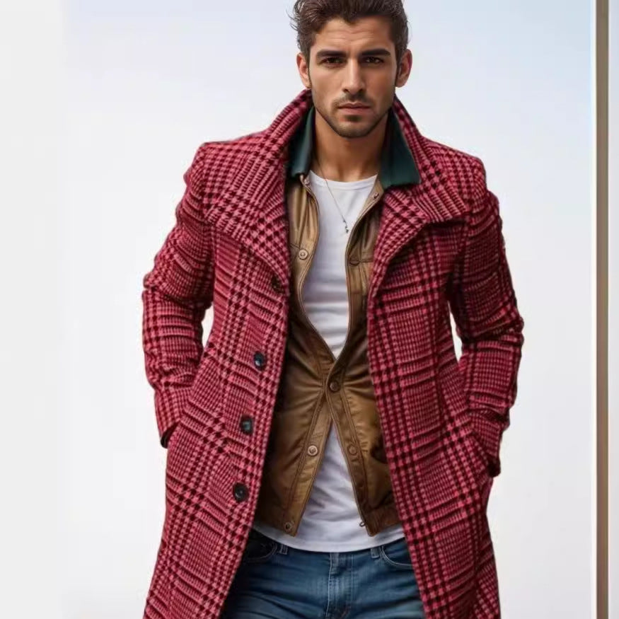 Herren eleganter Karomantel mit großflächigen Taschen und hohem Kragen Aliams