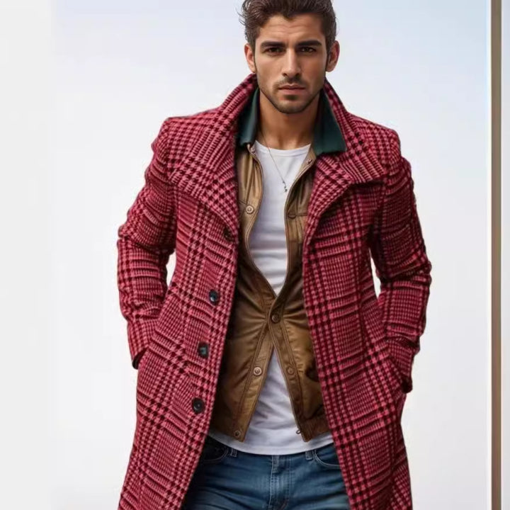 Herren eleganter Karomantel mit großflächigen Taschen und hohem Kragen Aliams