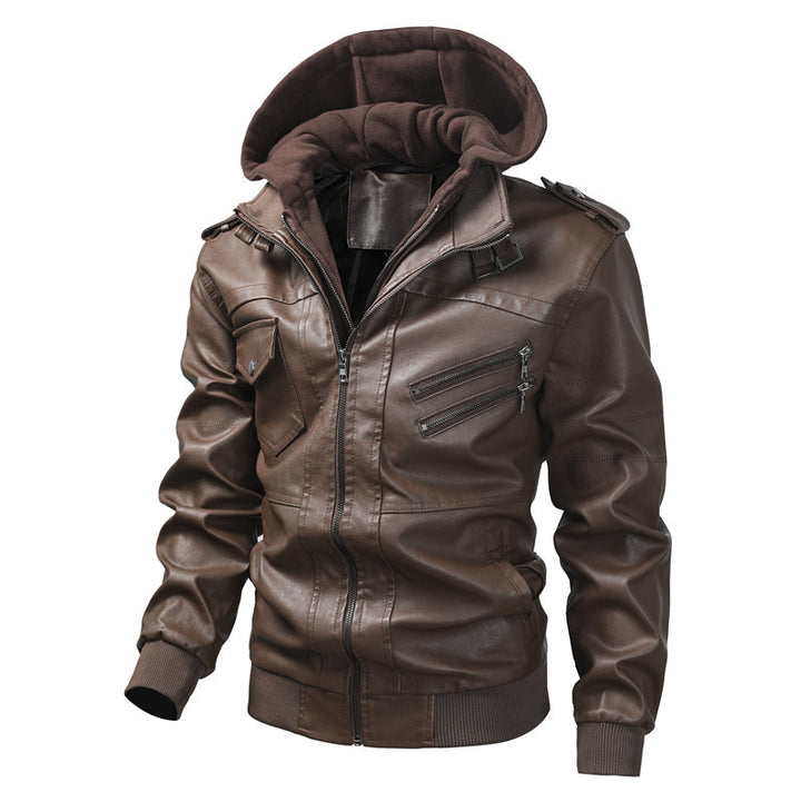 Herren Kunstlederjacke mit abnehmbarer Kapuze und Multifunktions-Taschen Aliams